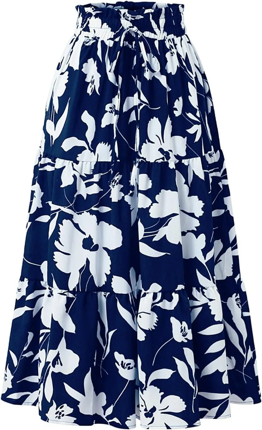 Floral Skirt for Women 2025 Ruffle Summer Maxi Skirts High Waisted Elastic Flowy Pleated Dresses Holiday Clothing