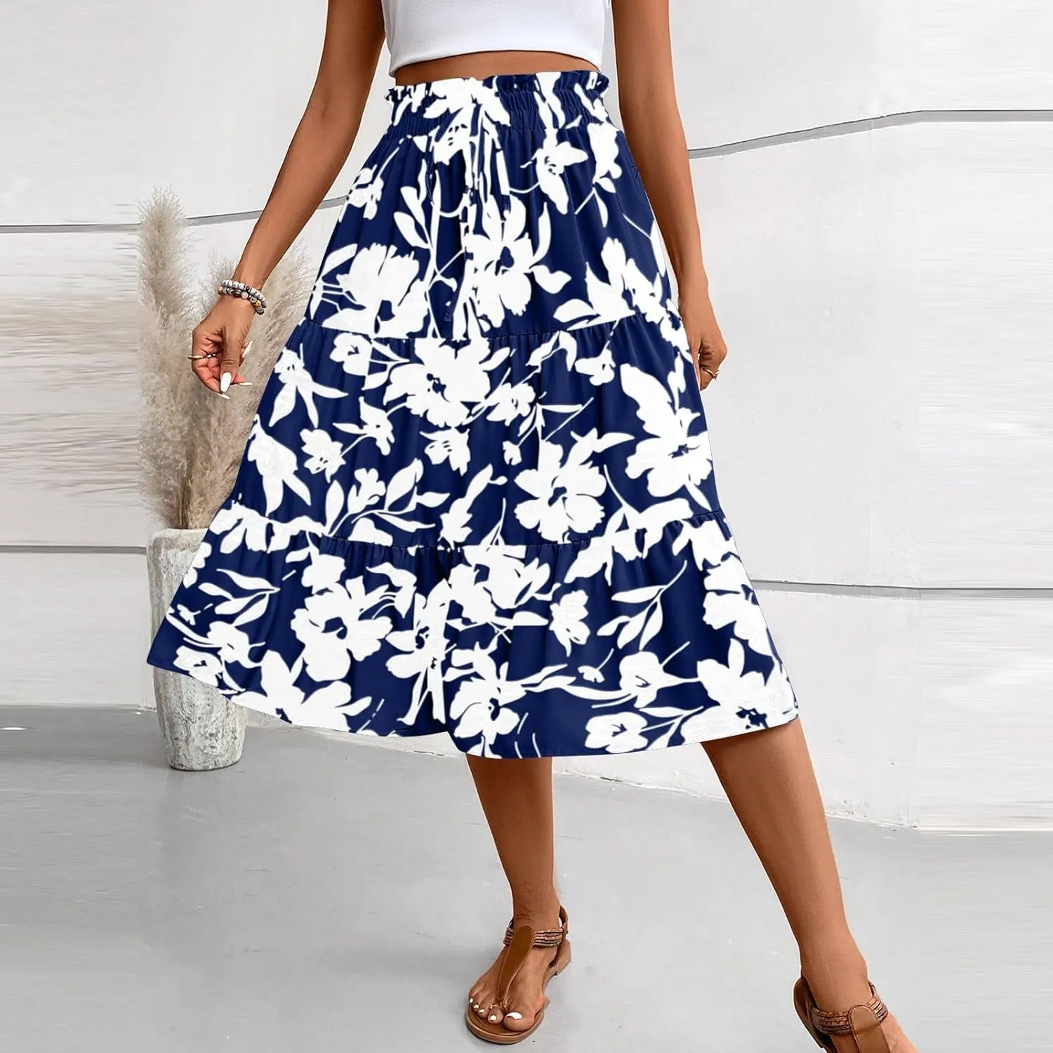 Floral Skirt for Women 2025 Ruffle Summer Maxi Skirts High Waisted Elastic Flowy Pleated Dresses Holiday Clothing