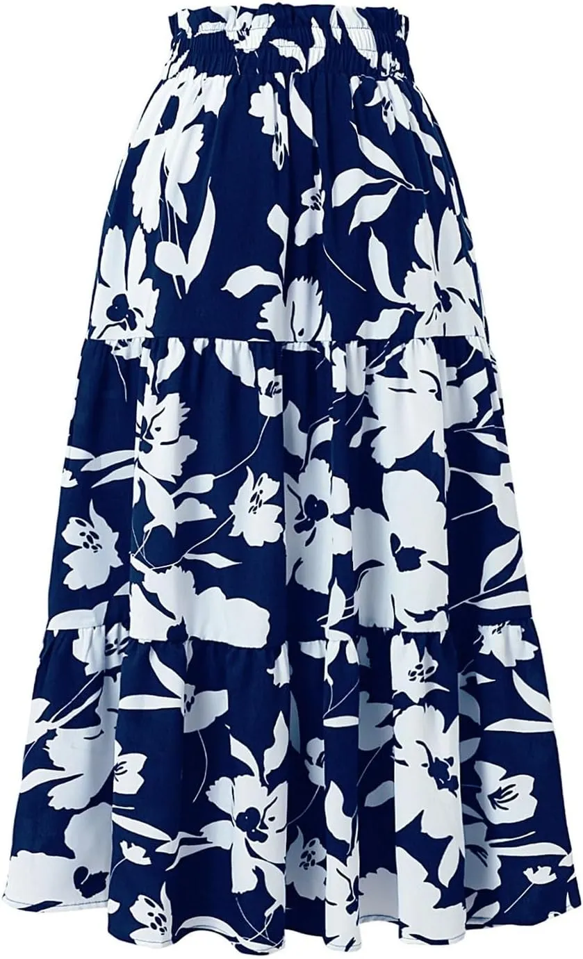 Floral Skirt for Women 2025 Ruffle Summer Maxi Skirts High Waisted Elastic Flowy Pleated Dresses Holiday Clothing