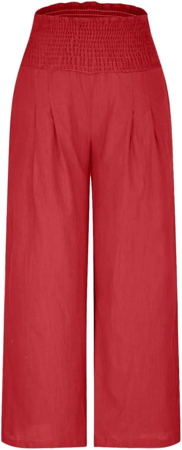 Flowy Linen Beach Pants for Women Wide Leg Pants Loose Baggy Slacks Summer Cotton High Waist Trouser with Pockets