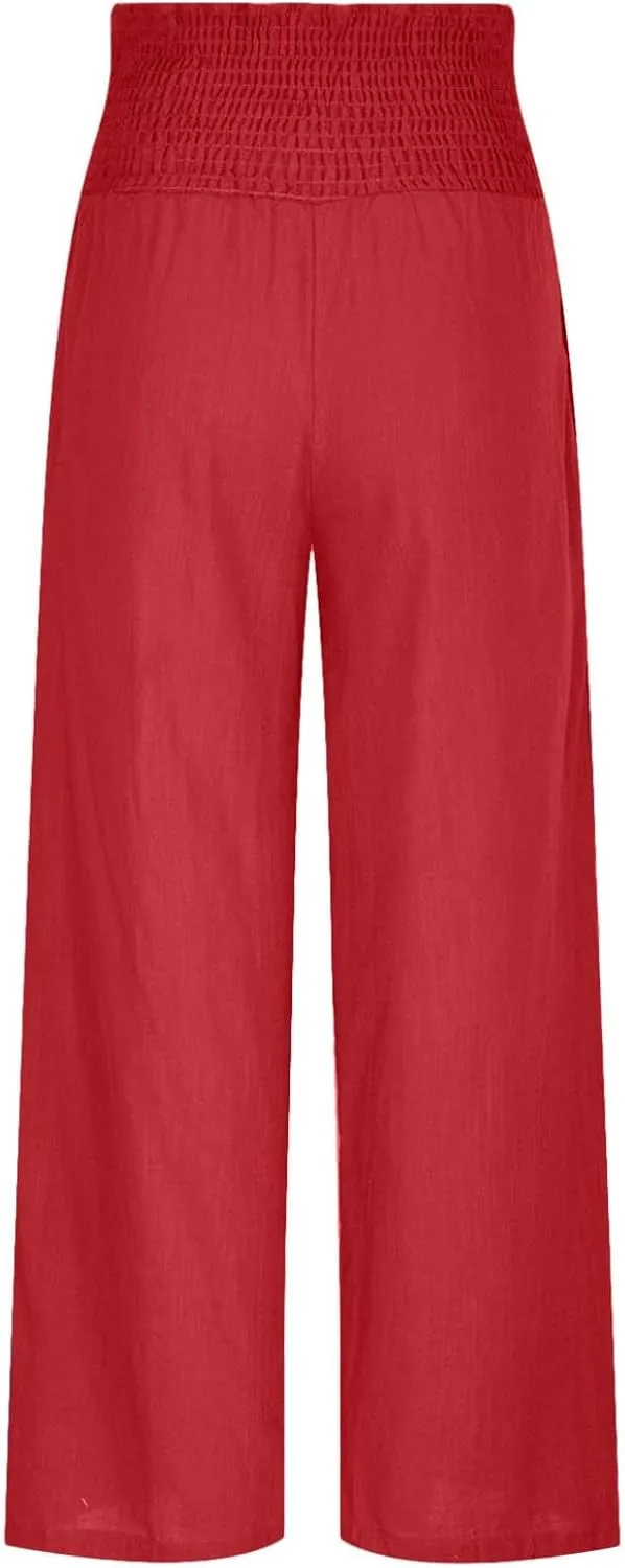 Flowy Linen Beach Pants for Women Wide Leg Pants Loose Baggy Slacks Summer Cotton High Waist Trouser with Pockets