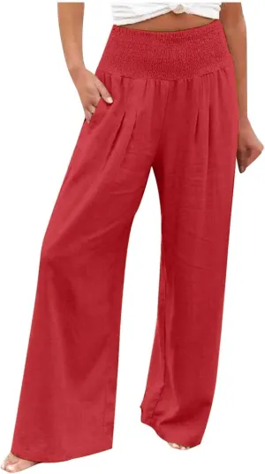 Flowy Linen Beach Pants for Women Wide Leg Pants Loose Baggy Slacks Summer Cotton High Waist Trouser with Pockets