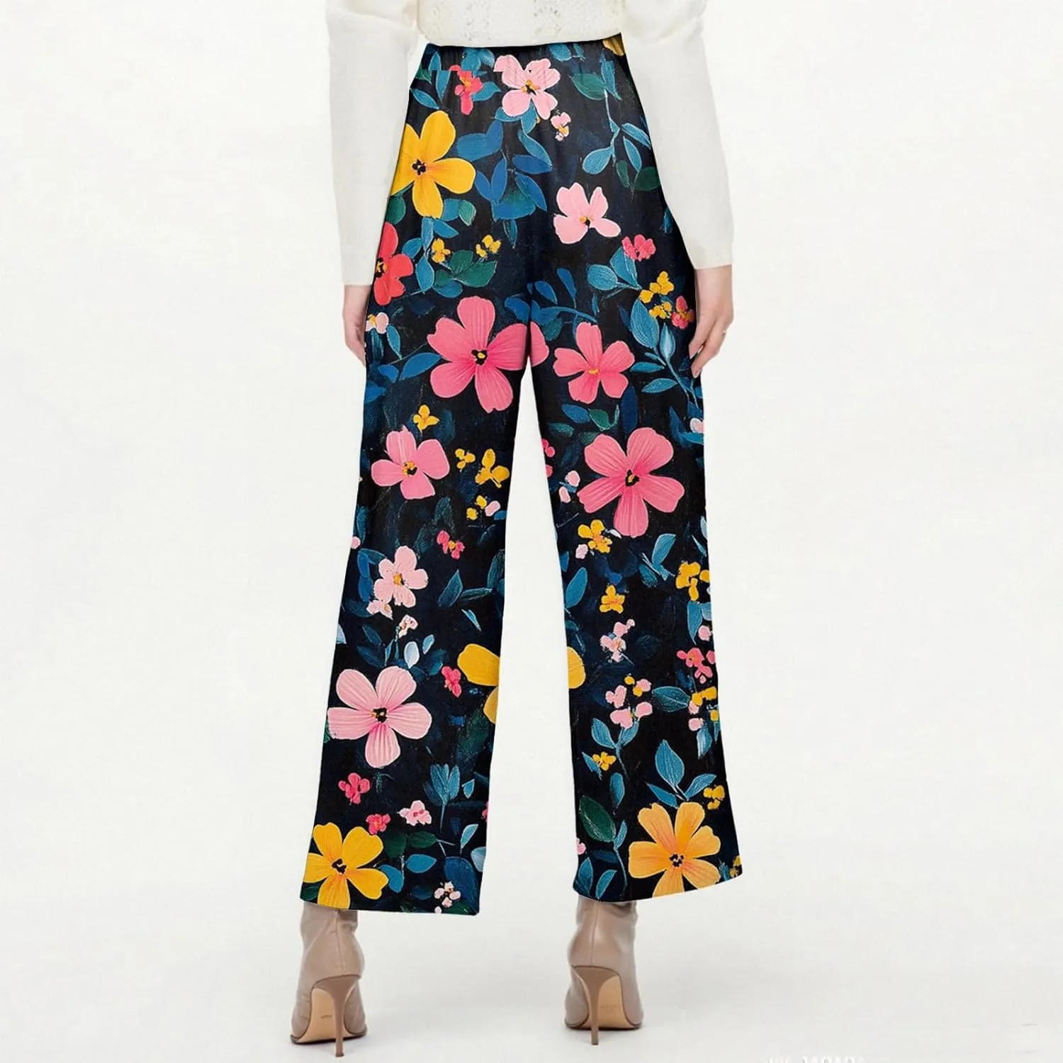 Flowy Pants for Women Boho Summer Linen Pants High Waisted Wide Leg Palazzo Pant Floral Beach Pant with Pockets