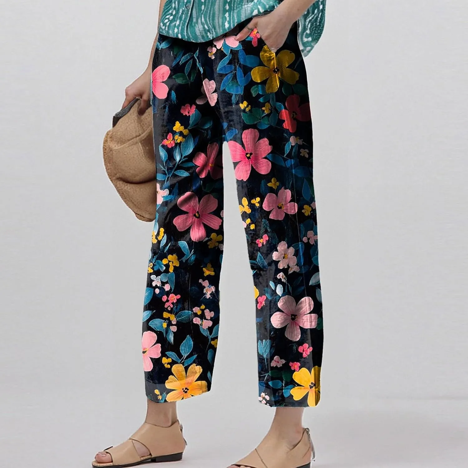 Flowy Pants for Women Boho Summer Linen Pants High Waisted Wide Leg Palazzo Pant Floral Beach Pant with Pockets