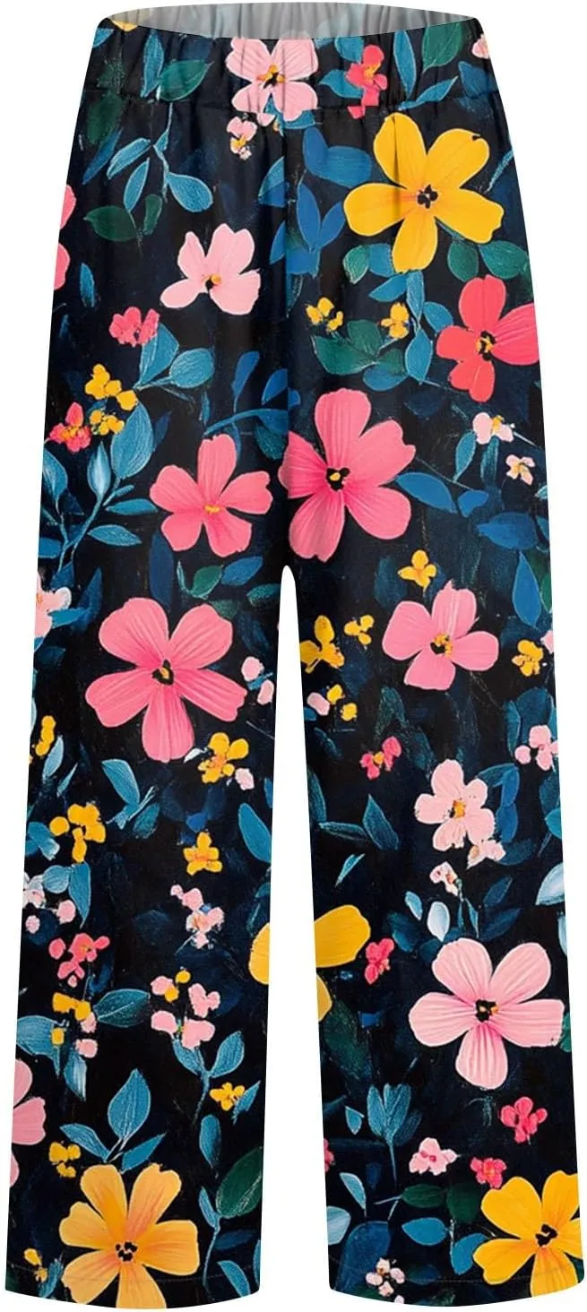 Flowy Pants for Women Boho Summer Linen Pants High Waisted Wide Leg Palazzo Pant Floral Beach Pant with Pockets