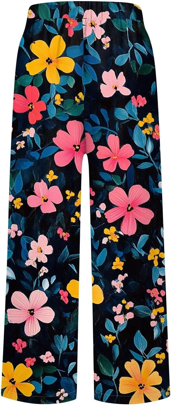 Flowy Pants for Women Boho Summer Linen Pants High Waisted Wide Leg Palazzo Pant Floral Beach Pant with Pockets
