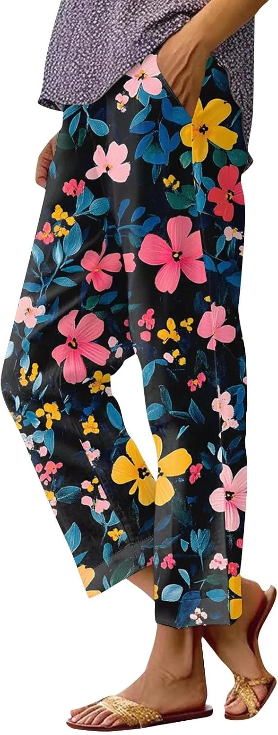 Flowy Pants for Women Boho Summer Linen Pants High Waisted Wide Leg Palazzo Pant Floral Beach Pant with Pockets