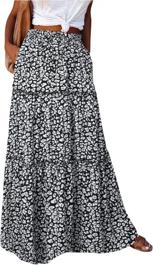 Flowy Tiered Maxi Skirts for Women 2025 Trendy Summer Vacation Boho Floral Skirt Elastic Drawstring A Line Skirt
