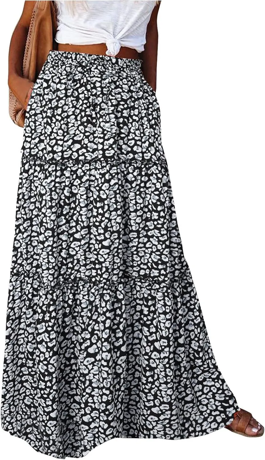 Flowy Tiered Maxi Skirts for Women 2025 Trendy Summer Vacation Boho Floral Skirt Elastic Drawstring A Line Skirt