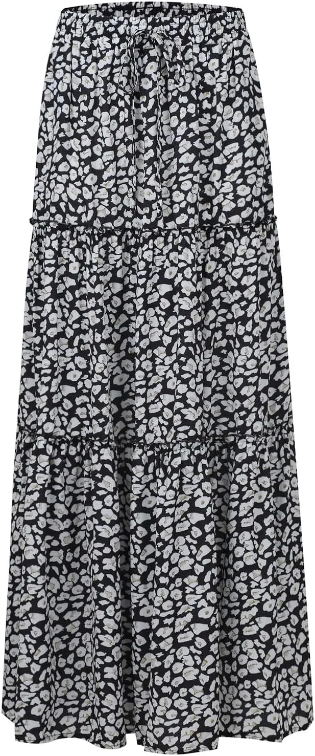 Flowy Tiered Maxi Skirts for Women 2025 Trendy Summer Vacation Boho Floral Skirt Elastic Drawstring A Line Skirt