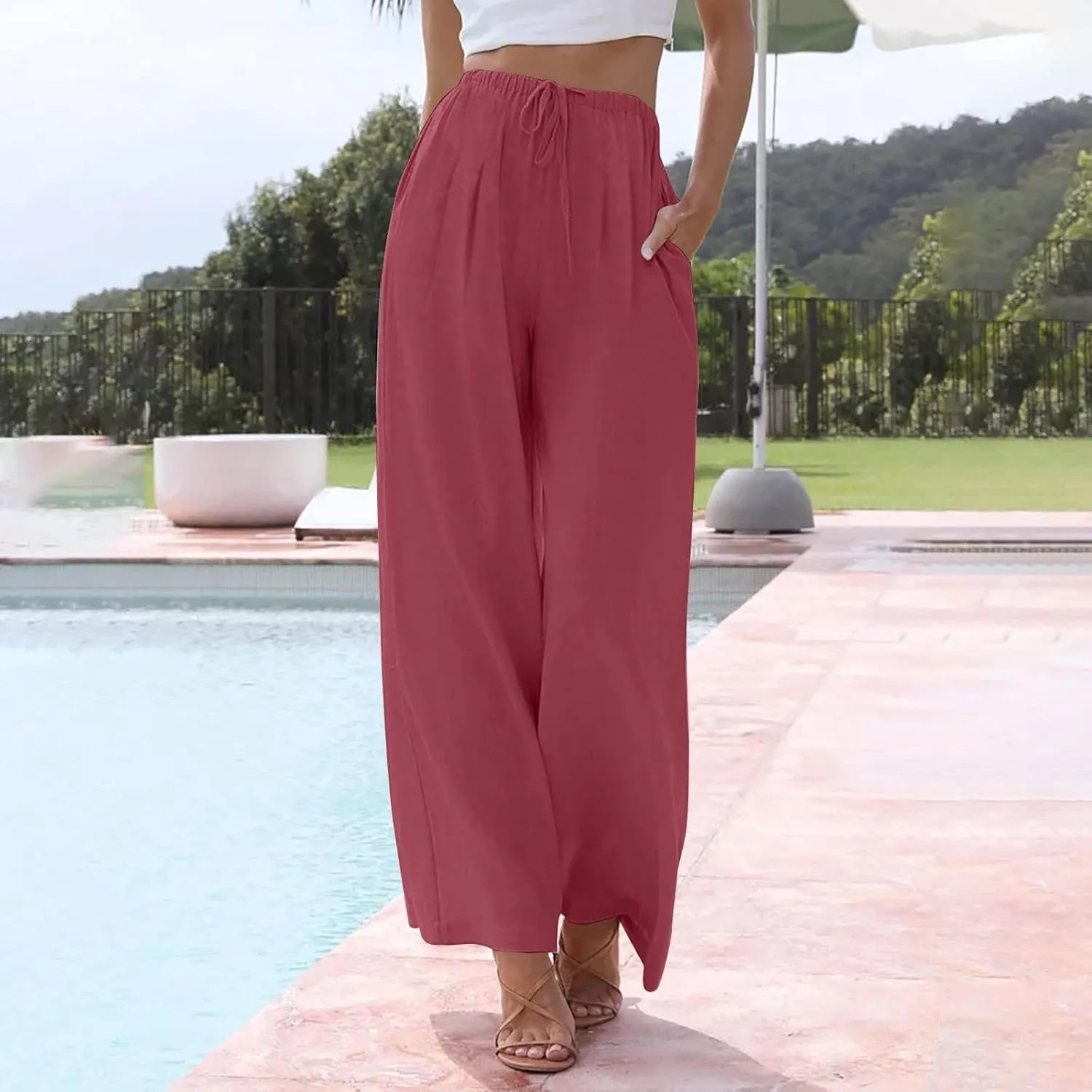 Flowy Wide Leg Linen Pants Women Summer Baggy Beach Vacation Palazzo Pants Casual High Waisted Pants with Pockets