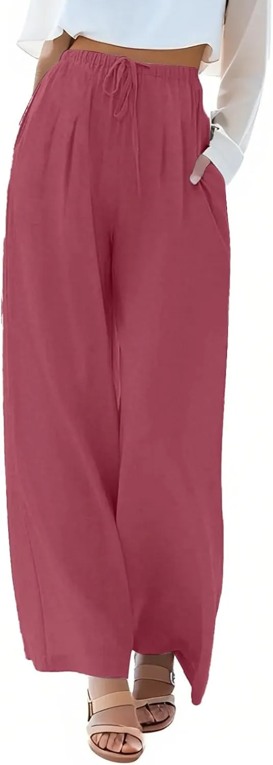 Flowy Wide Leg Linen Pants Women Summer Baggy Beach Vacation Palazzo Pants Casual High Waisted Pants with Pockets
