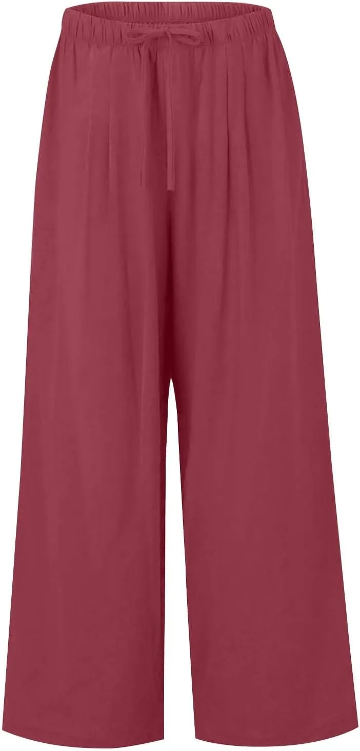 Flowy Wide Leg Linen Pants Women Summer Baggy Beach Vacation Palazzo Pants Casual High Waisted Pants with Pockets