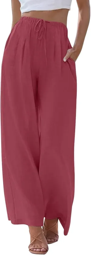 Flowy Wide Leg Linen Pants Women Summer Baggy Beach Vacation Palazzo Pants Casual High Waisted Pants with Pockets