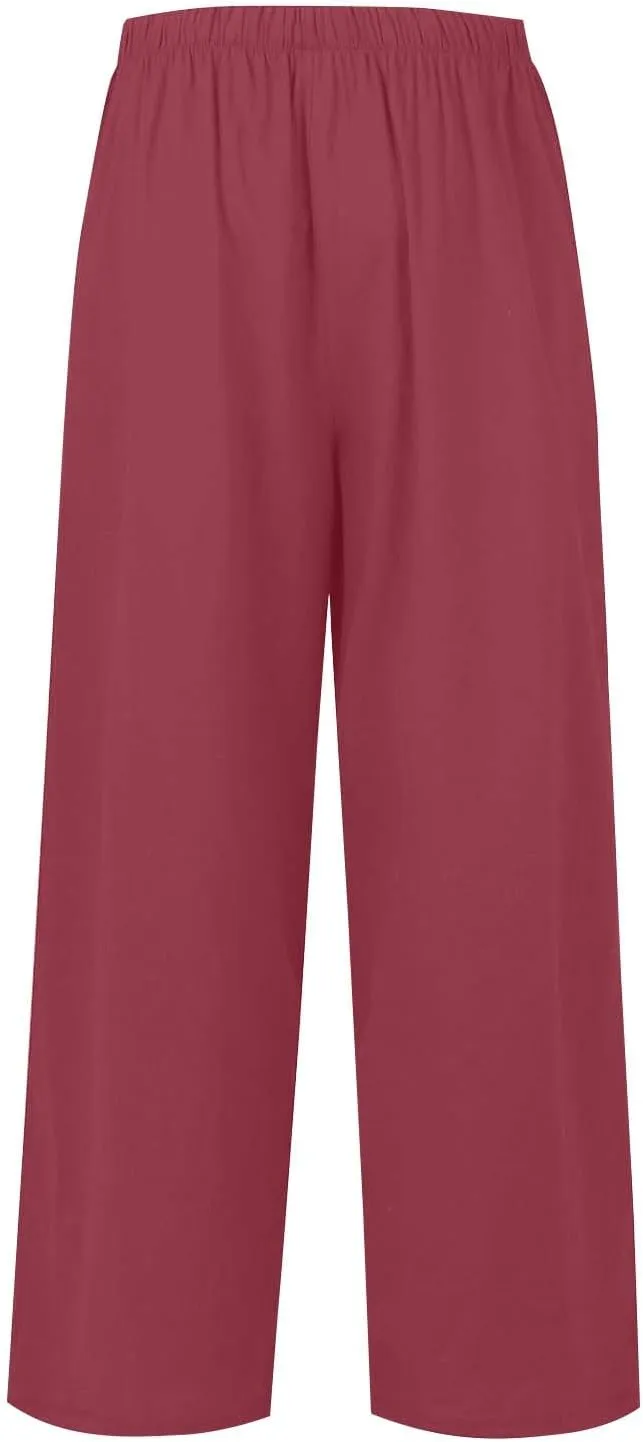 Flowy Wide Leg Linen Pants Women Summer Baggy Beach Vacation Palazzo Pants Casual High Waisted Pants with Pockets