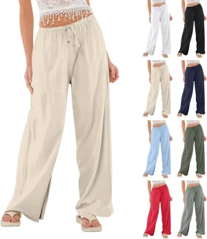 Flowy Wide Leg Pants Woman Baggy Drawstring Elastic Waist Gaucho Pants Lightweight Summer Boho Gauze Cover Up Pants