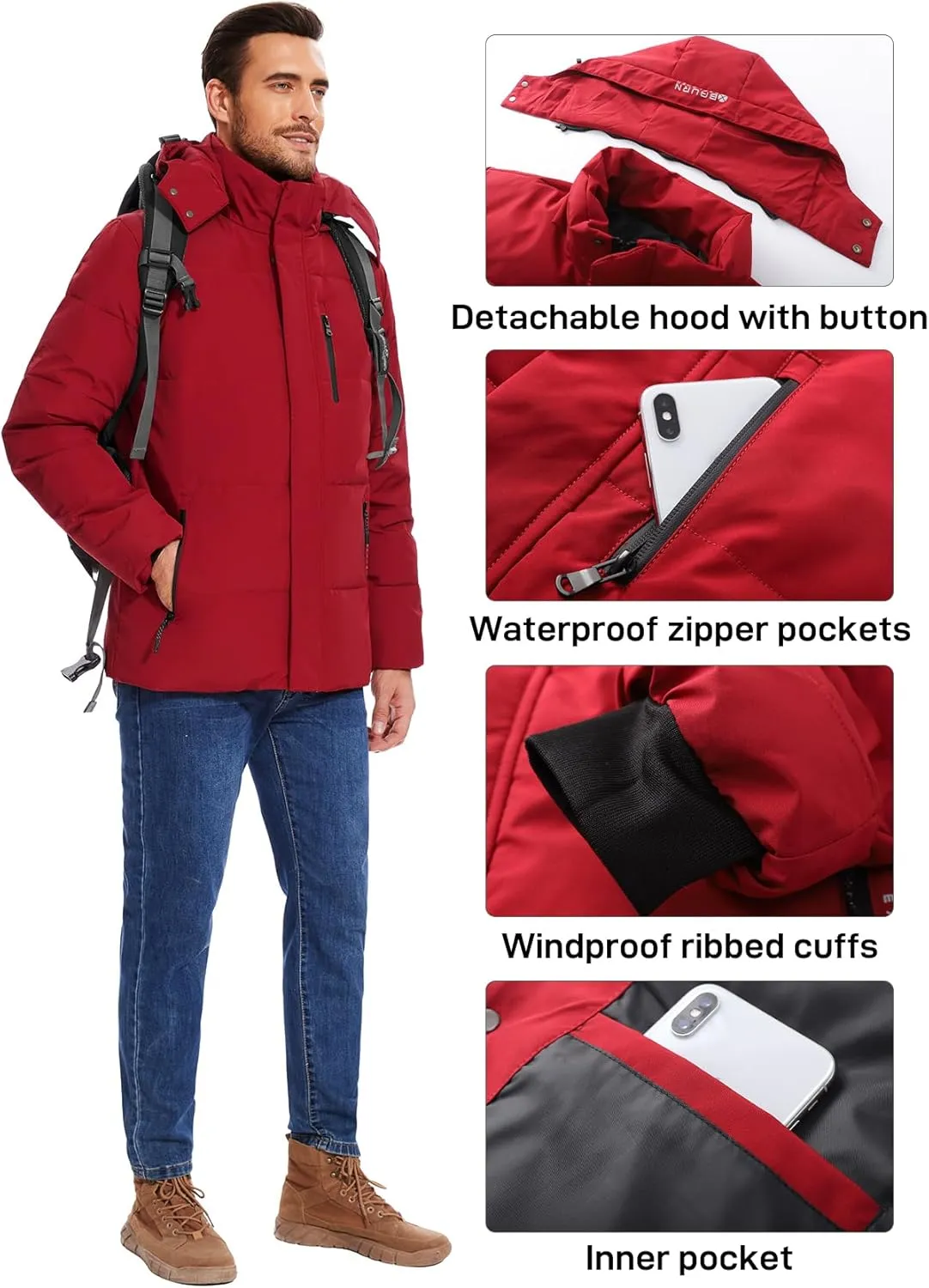 Flygo Puffer Jacket Men Down Jackets Winter Coats Waterproof Thicken Insulated Hooded Quilted Parka Snow Jacket