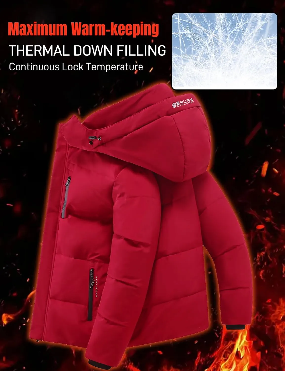 Flygo Puffer Jacket Men Down Jackets Winter Coats Waterproof Thicken Insulated Hooded Quilted Parka Snow Jacket