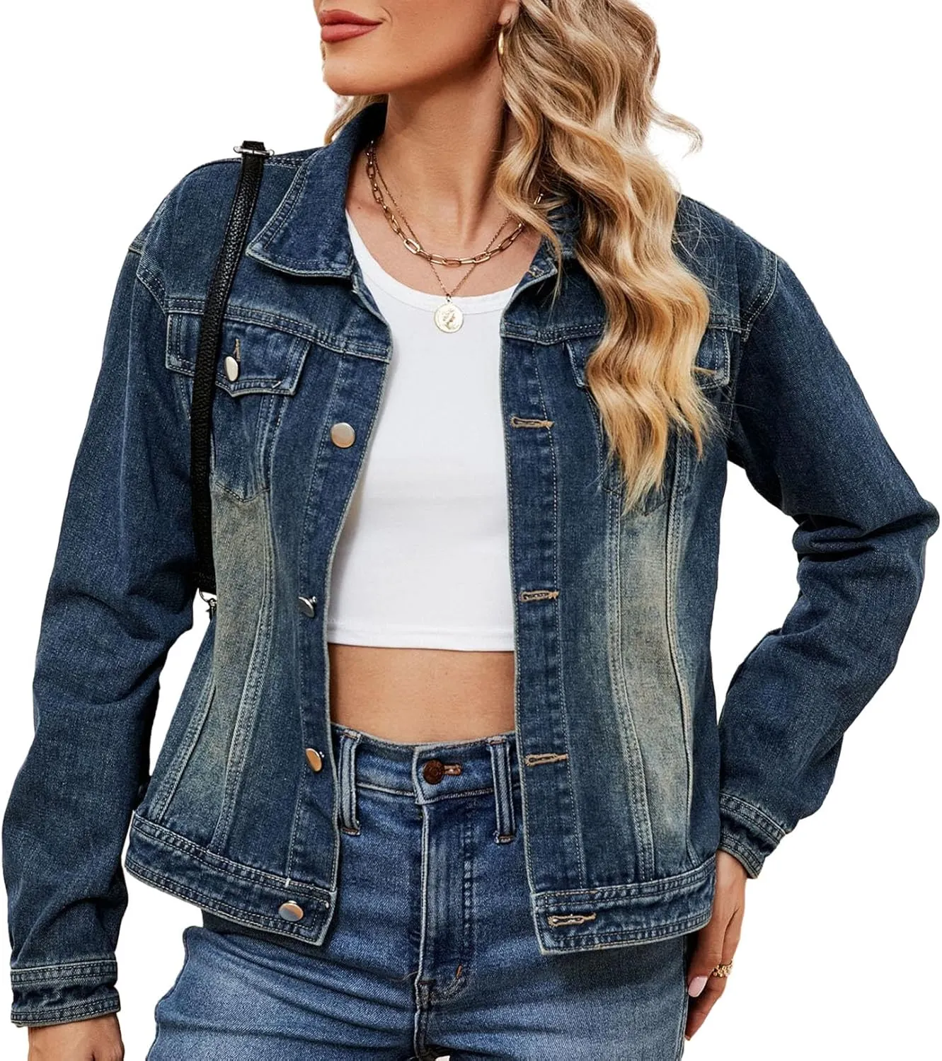 Flygo Women's Denim Jacket Washed Distressed Jean Jackets Button Down Cropped Trucker Jacket with Pockets