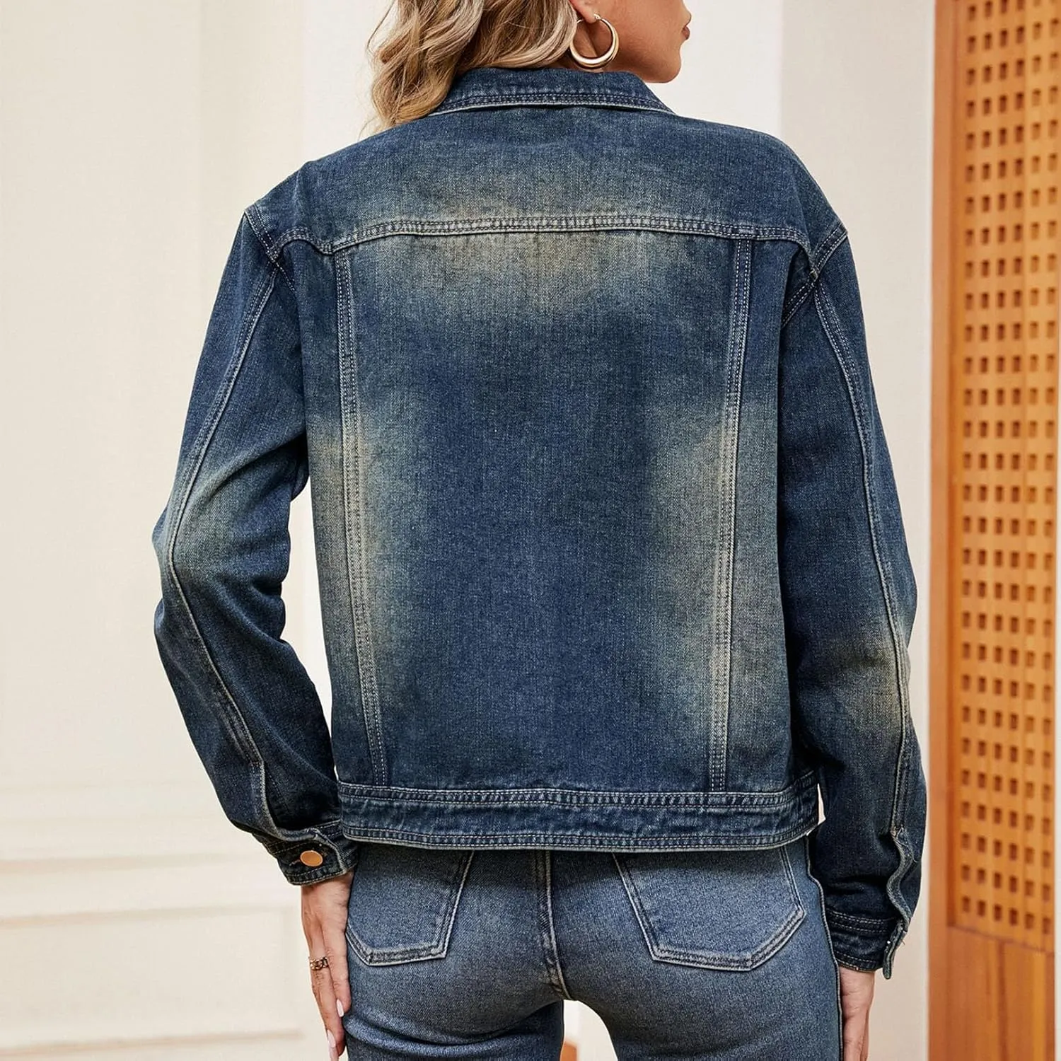 Flygo Women's Denim Jacket Washed Distressed Jean Jackets Button Down Cropped Trucker Jacket with Pockets