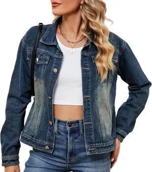 Flygo Women's Denim Jacket Washed Distressed Jean Jackets Button Down Cropped Trucker Jacket with Pockets
