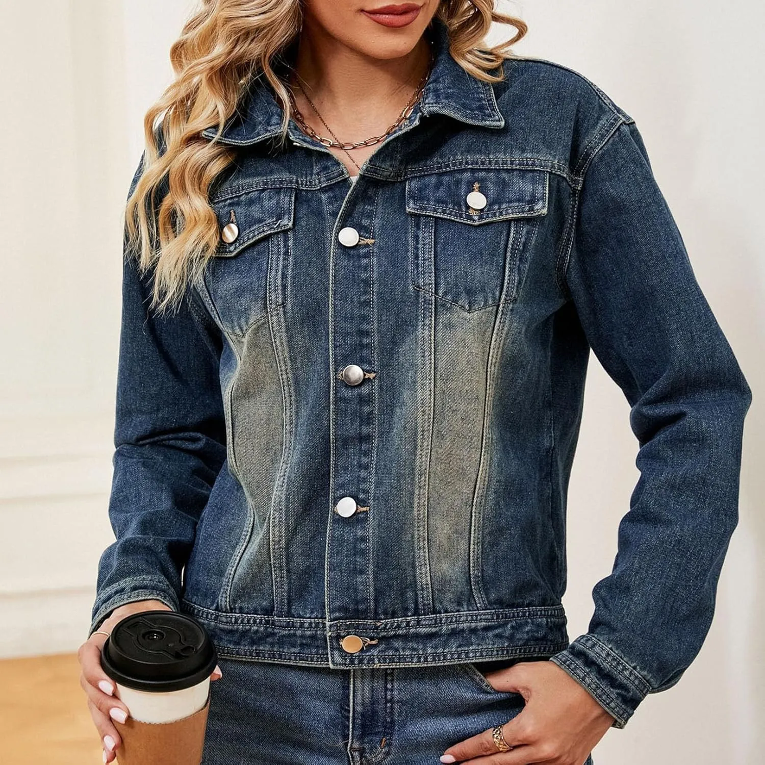 Flygo Women's Denim Jacket Washed Distressed Jean Jackets Button Down Cropped Trucker Jacket with Pockets