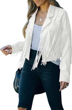 FOMOYUU Women's Chic Cropped Tassel Fringe Jacket Faux Suede Moto Jacket Vintage Lapel Long Sleeve Coat Hippie Cardigan