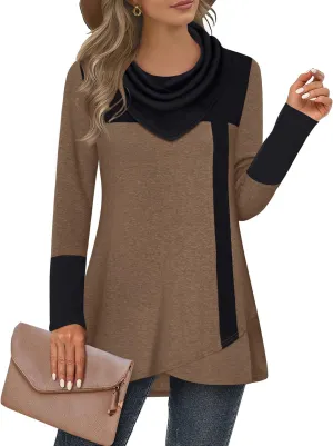 Furnex Women's Long Sleeve Cowl Neck Tunic Top Casual Pullover Sweatshirt