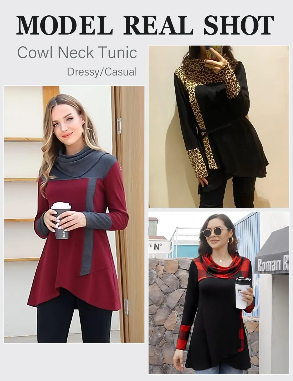 Furnex Women's Long Sleeve Cowl Neck Tunic Top Casual Pullover Sweatshirt