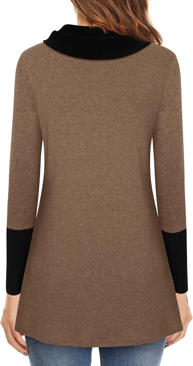 Furnex Women's Long Sleeve Cowl Neck Tunic Top Casual Pullover Sweatshirt
