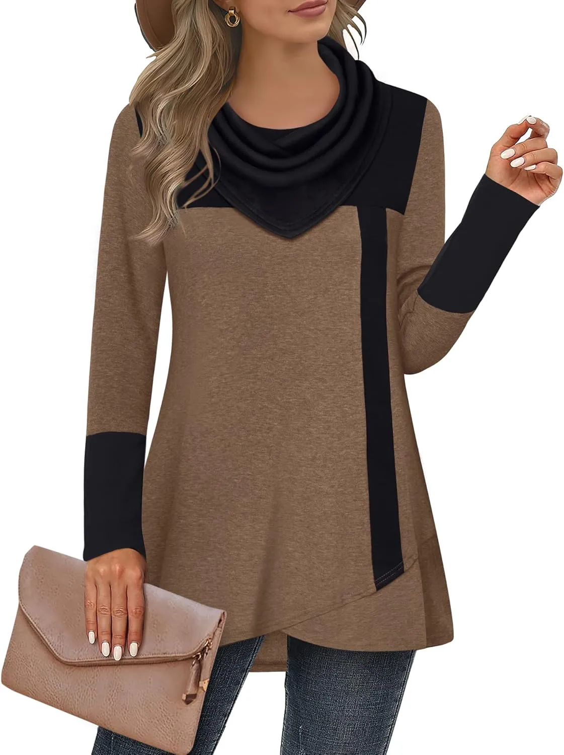 Furnex Women's Long Sleeve Cowl Neck Tunic Top Casual Pullover Sweatshirt