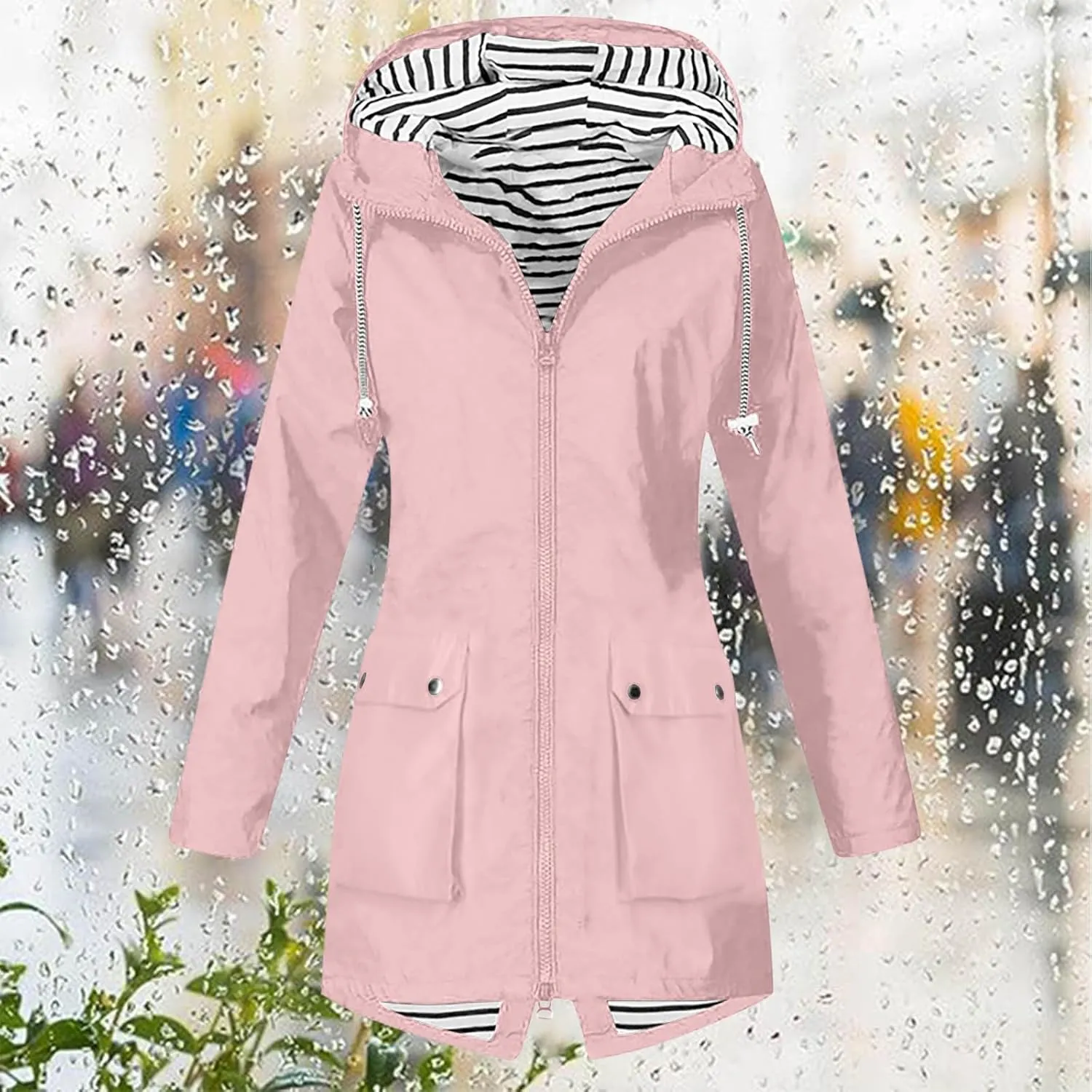 FZYLQY Hot Rain Jacket for Women Lightweight Long Hooded Raincoat Waterproof Outdoor Travel Hiking Windbreaker Trench Coats