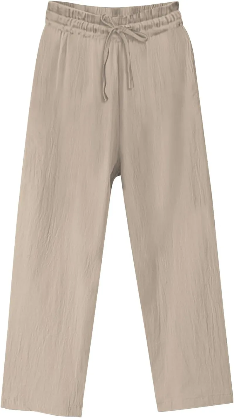 FZYLQY Linen Pants for Womens Casual High Waist Elastic Wide Leg Pants Drawstring Solid Color Beach Trousers with Pockets