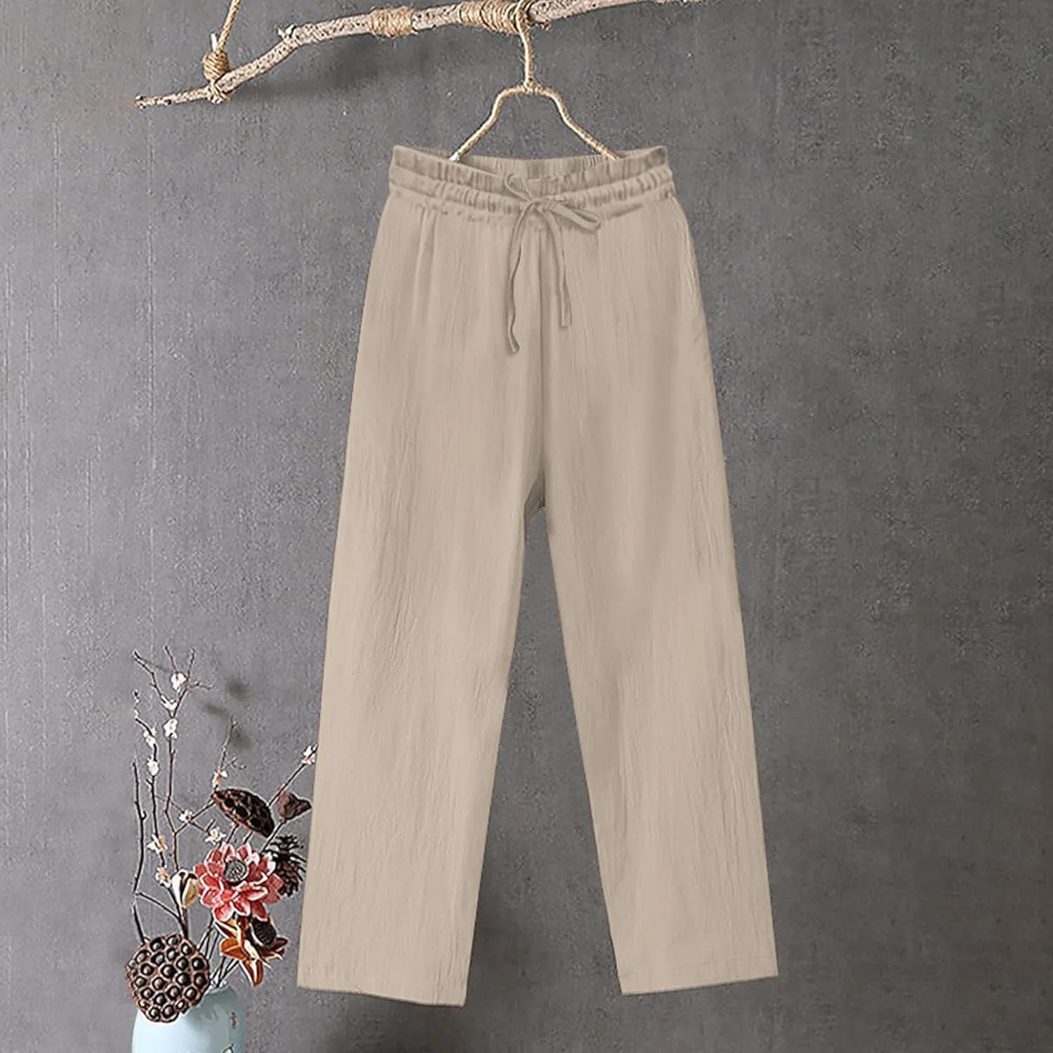 FZYLQY Linen Pants for Womens Casual High Waist Elastic Wide Leg Pants Drawstring Solid Color Beach Trousers with Pockets