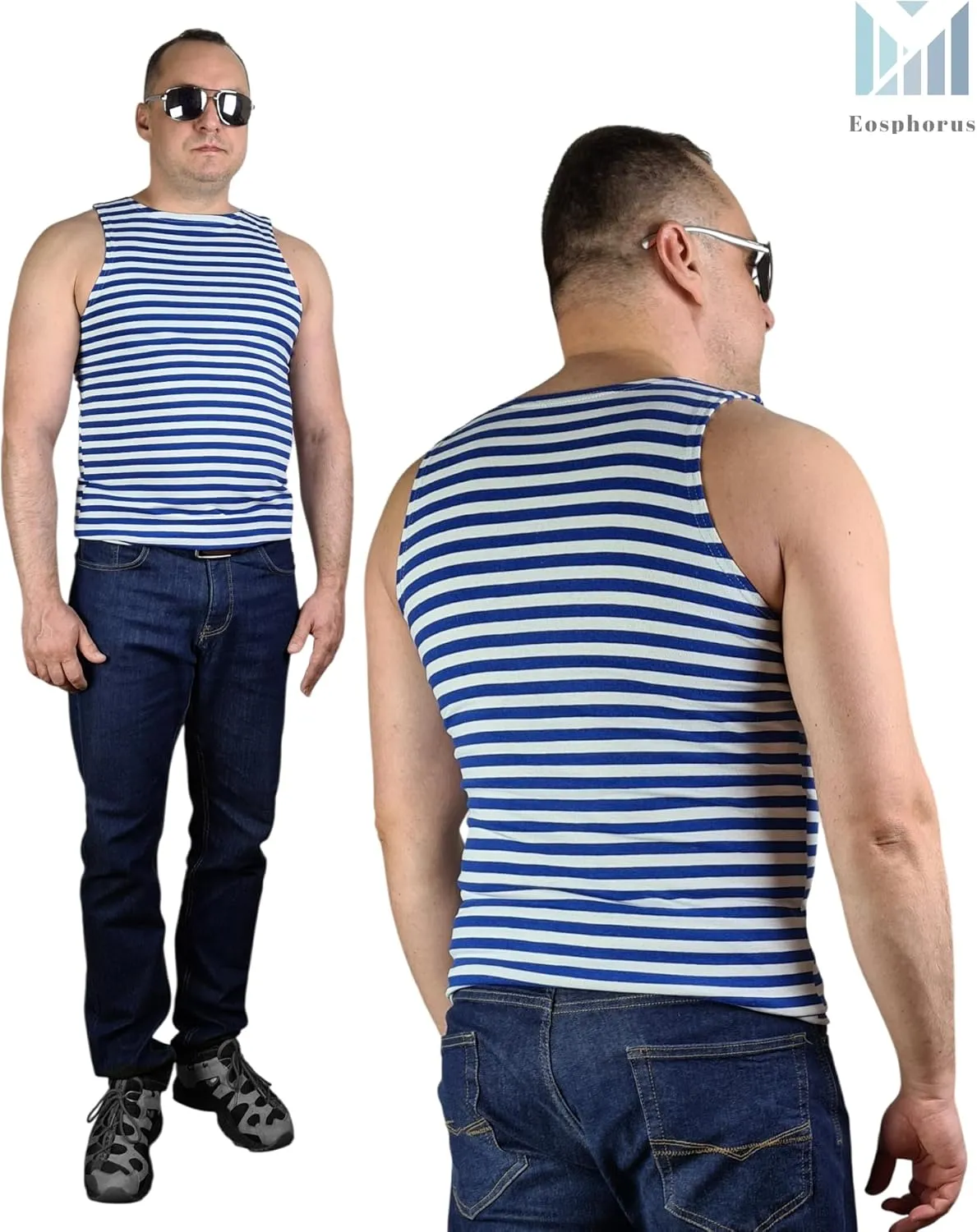 Genuine Striped Tank Top Sleeveless Shirt Light Blue Cotton Original Telnyashka 