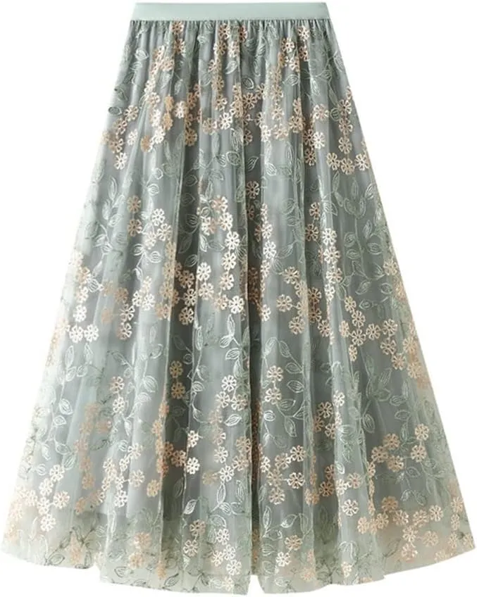 Geometric Print Skirt Women Purple Black Blue Long Midi Length Tulle Pleated Skirt