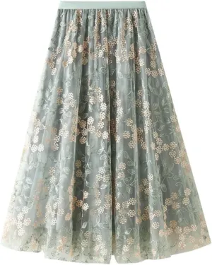 Geometric Print Skirt Women Purple Black Blue Long Midi Length Tulle Pleated Skirt