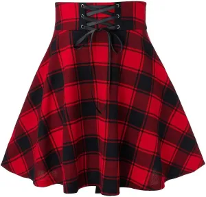 Gothic Plaid Mini Skirts for Women Punk Pleated Skirt Mini A Line Skirts Lace Up Goth Skirt High Waist Short Skirts