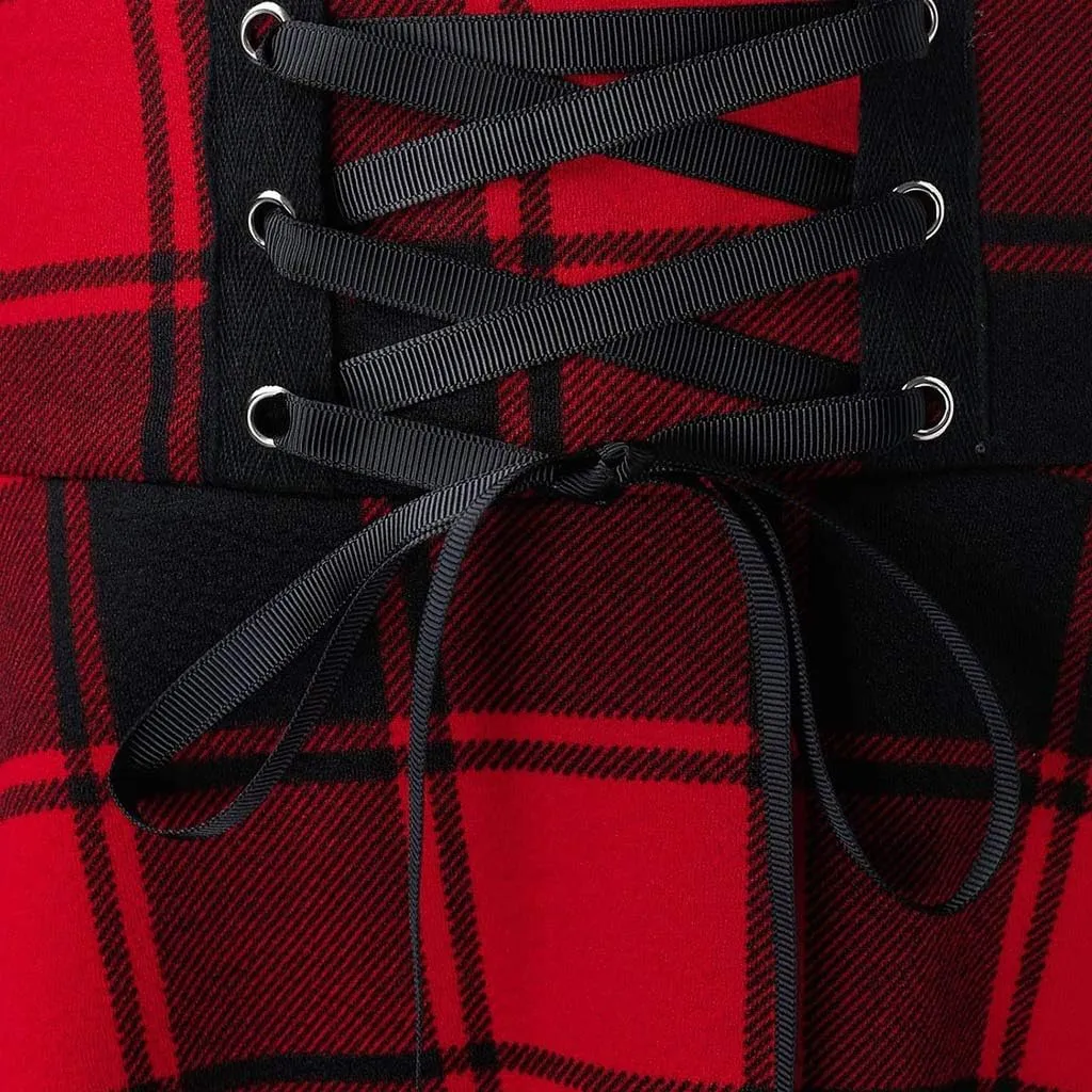 Gothic Plaid Mini Skirts for Women Punk Pleated Skirt Mini A Line Skirts Lace Up Goth Skirt High Waist Short Skirts
