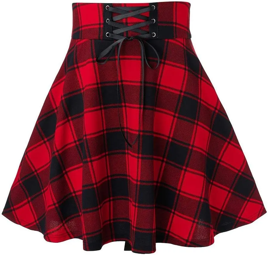 Gothic Plaid Mini Skirts for Women Punk Pleated Skirt Mini A Line Skirts Lace Up Goth Skirt High Waist Short Skirts