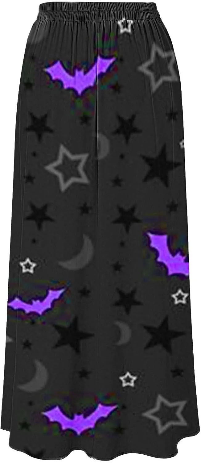 Halloween bat Pattern Skirts Waist Party Beach Pocket Long Maxi Skirt Fluffy Skirt Tulle Skirts for Women Black