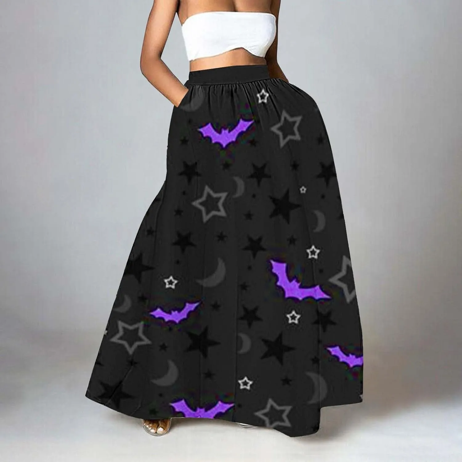 Halloween bat Pattern Skirts Waist Party Beach Pocket Long Maxi Skirt Fluffy Skirt Tulle Skirts for Women Black