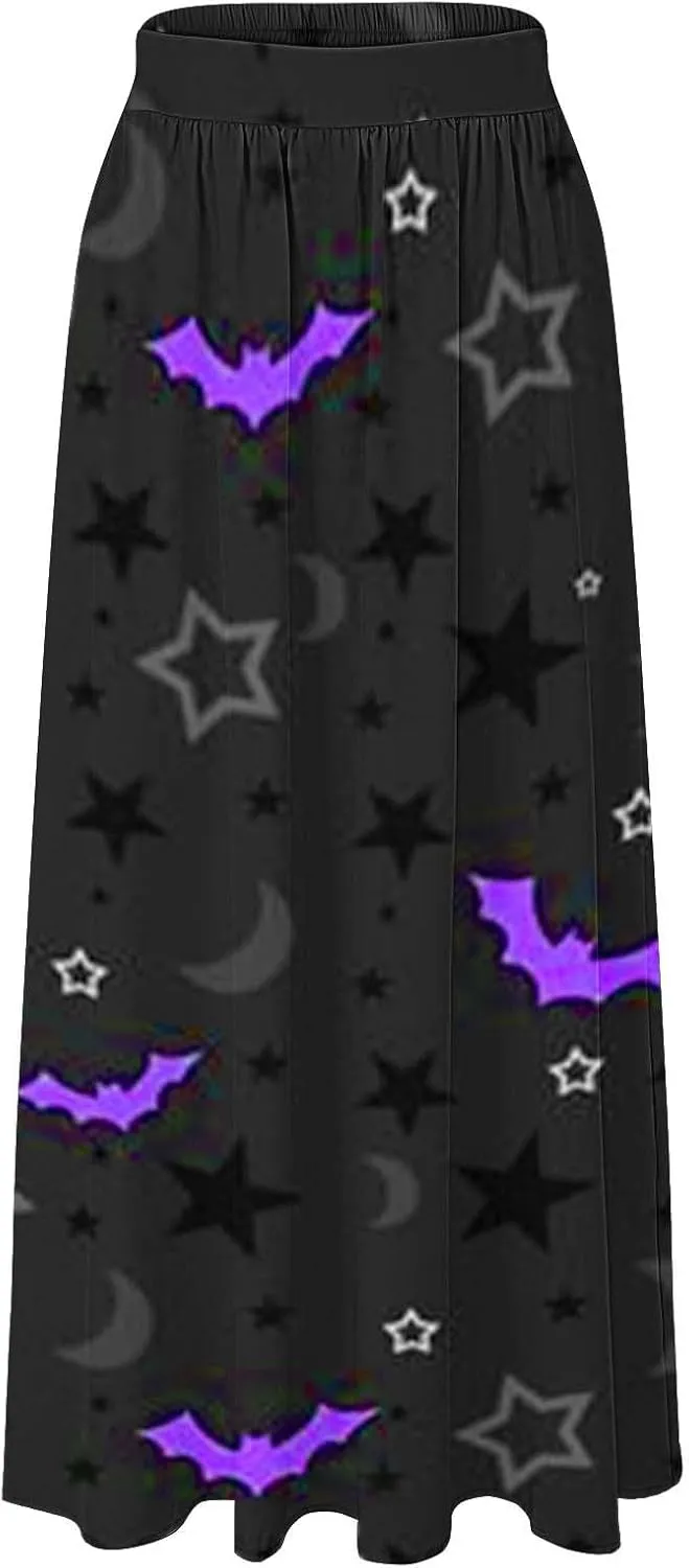 Halloween bat Pattern Skirts Waist Party Beach Pocket Long Maxi Skirt Fluffy Skirt Tulle Skirts for Women Black