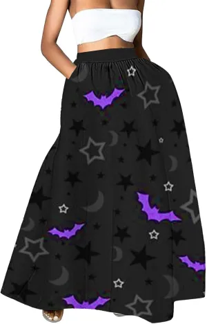 Halloween bat Pattern Skirts Waist Party Beach Pocket Long Maxi Skirt Fluffy Skirt Tulle Skirts for Women Black