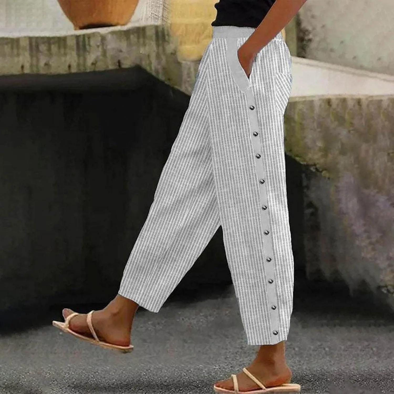 Hawaii Beach Pants for Women Casual Elastic High Waist Drawstring Pants Tropical Solid Color Summer Linen Trousers
