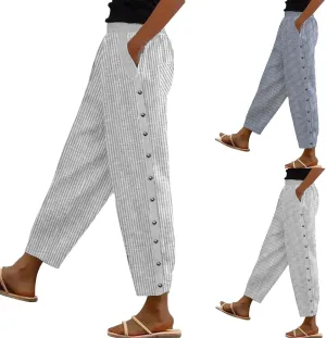 Hawaii Beach Pants for Women Casual Elastic High Waist Drawstring Pants Tropical Solid Color Summer Linen Trousers