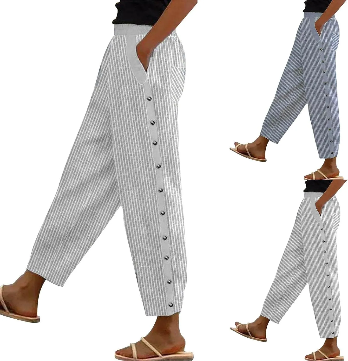 Hawaii Beach Pants for Women Casual Elastic High Waist Drawstring Pants Tropical Solid Color Summer Linen Trousers