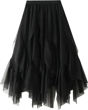 HGps8w Women Mesh Midi Skirt Multilayer Irregular Ruffled High Waist Lace Ballet Prom Party Tulle Tutu A-line Skirts