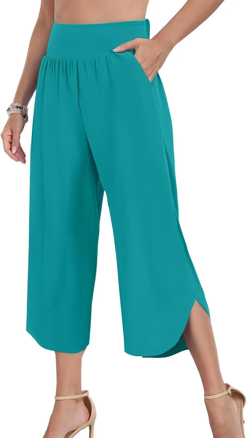 High Waist Capri Pants for Women Wide Leg Flowy Cropped Trousers Slim Fit Slit Hem Capris Casual Summer Crop