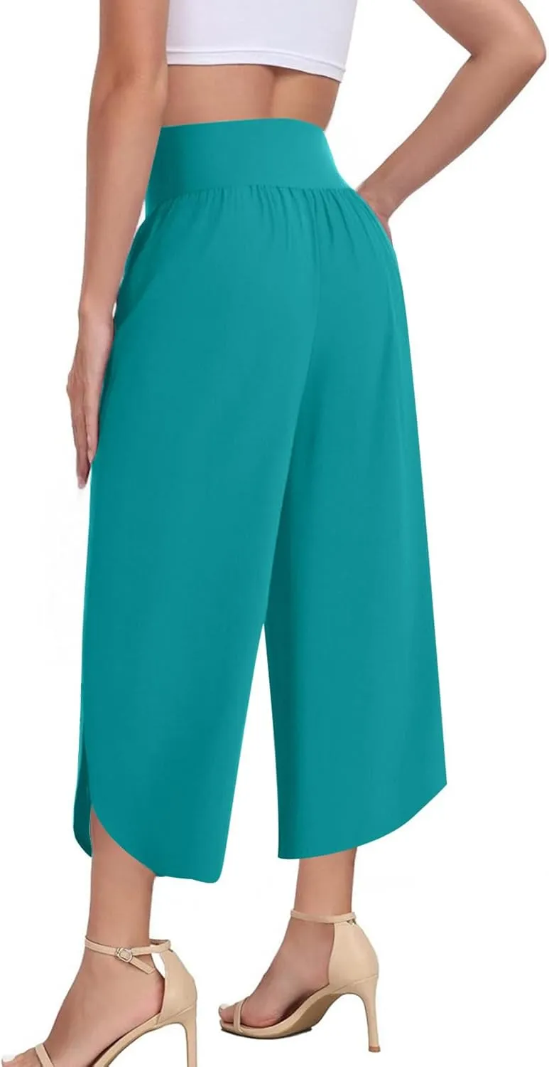 High Waist Capri Pants for Women Wide Leg Flowy Cropped Trousers Slim Fit Slit Hem Capris Casual Summer Crop